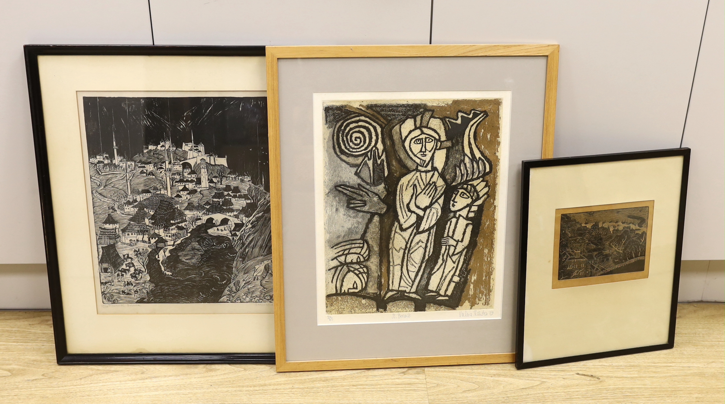 Three pencil-signed prints comprising Valerine Thornton (1931-1991), 'St Benoit', Bernard Rice (1900-1998), 'Bosnia' and Molly Bateman, woodcut, Town scene, largest 46 x 36cm